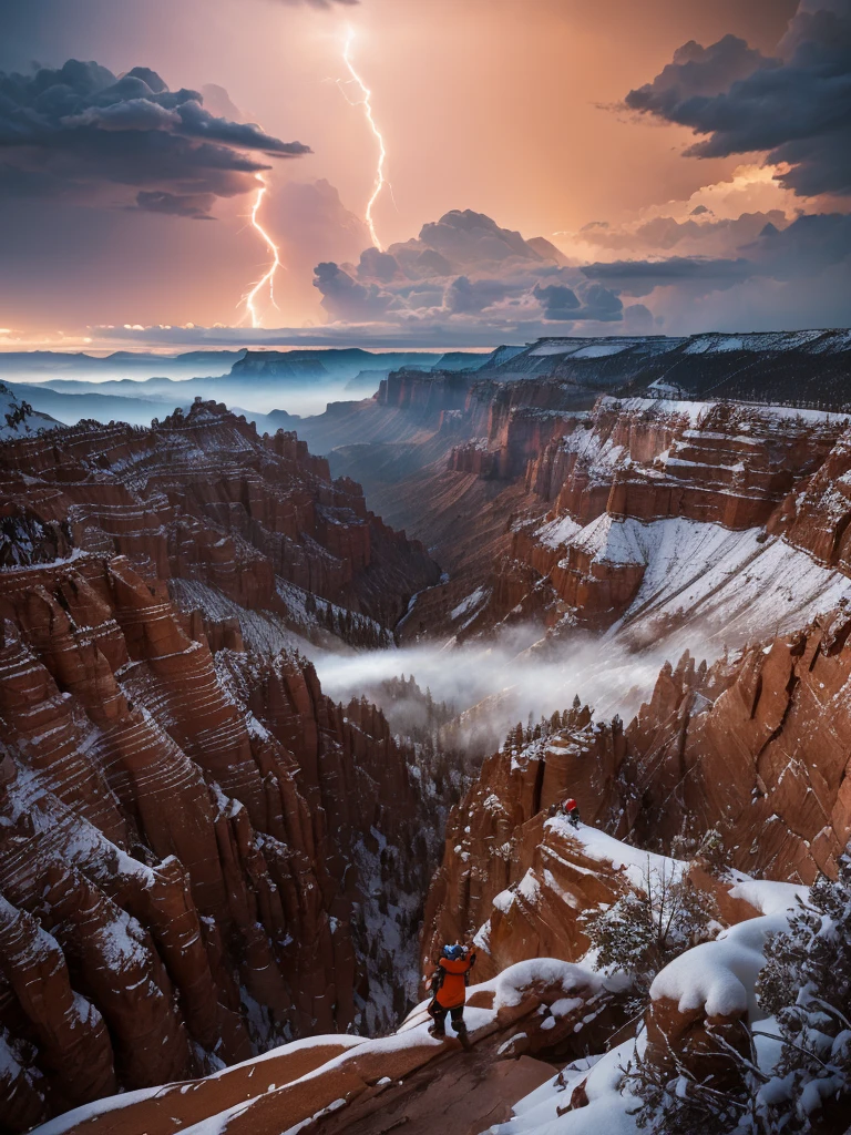 skiers on a snowy mountain slope with a view of the hoodooan, the planet is warm with canyons, snowy canyon at dawn, chiseled formations, epic land formations, canyons, bryce 3 d, bryce 3d, girl walking in a canyon, canyon, canyon background, majestic spires, unsplash contest winning photo, epic scenic shot, inspiring, amazing lightning, dramatic lightening, lightning creating life, crackling with lightning, epic lightning, colossal lightning, scary lightning, beautiful lightning, lightning strikes, exquisite lightning, insane lightning, national geographic photo”, thunderstorm and fire, lightning strike