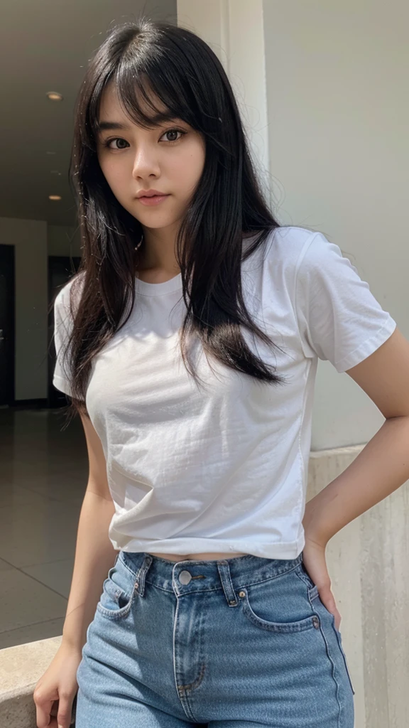 Beauty。Small Mouth。cheek。bangs。Black Hair。Plain white T-shirt。Regular jeans。21 years old。beautiful。round face。A neat nose。Beautiful with a well-proportioned face。
