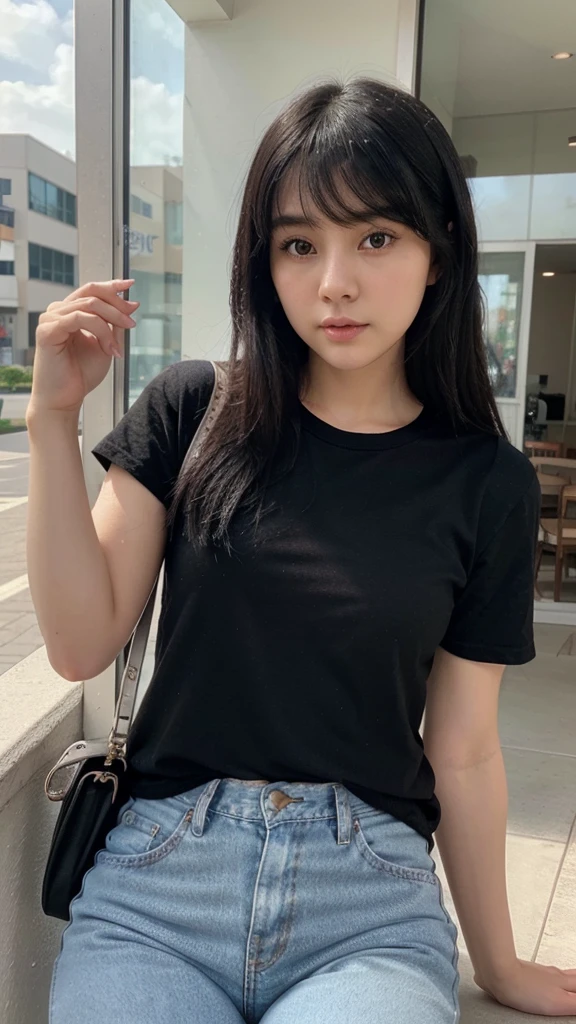 Beauty。Small Mouth。cheek。bangs。Black Hair。Plain white T-shirt。Regular jeans。21 years old。beautiful。round face。A neat nose。Beautiful with a well-proportioned face。