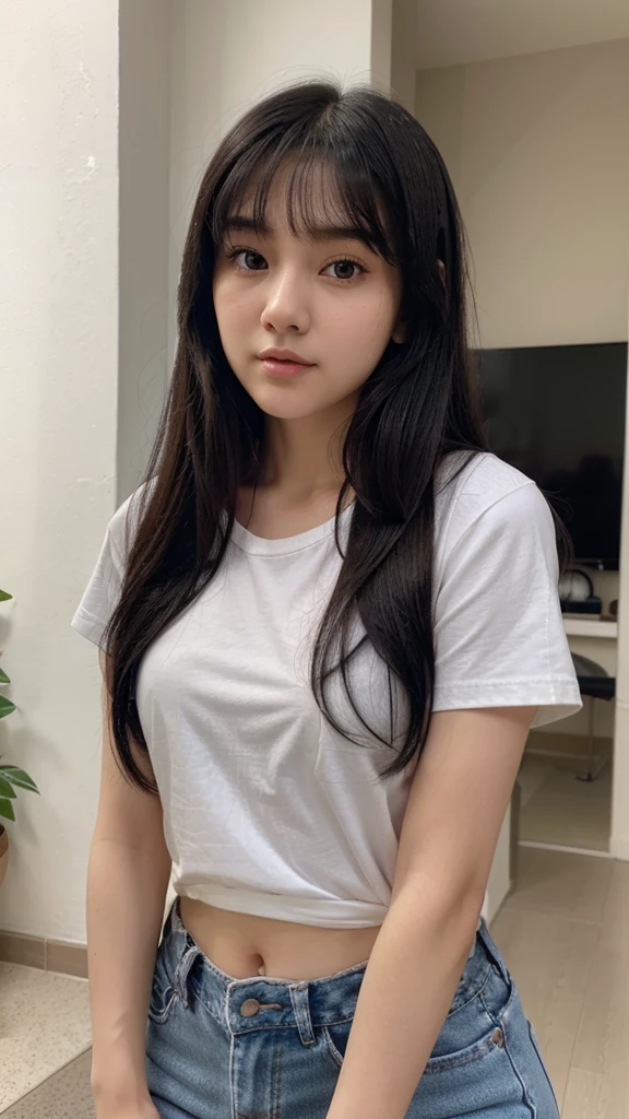 Beauty。Small Mouth。cheek。bangs。Black Hair。Plain white T-shirt。Regular jeans。21 years old。beautiful。round face。A neat nose。Beautiful with a well-proportioned face。