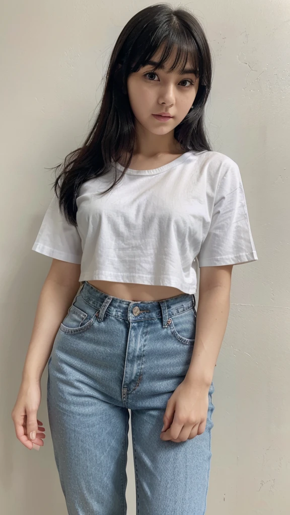 Beauty。Small Mouth。cheek。bangs。Black Hair。Plain white T-shirt。Regular jeans。21 years old。beautiful。round face。A neat nose。Beautiful with a well-proportioned face。