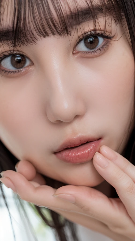 (((Ultra-high resolution、Close-up、Cute Japanese Woman)))、Long, straight black hair frames her face、So that every single hair is clearly visible、Depicts subtle color changes depending on the amount of light hitting the subject、The skin is white and smooth、Has a natural glow、Fine skin texture、Representing the fine details of pores、amountや頬に薄い赤みがある部分を詳細に、The eyes are almond-shaped and dark brown.、Fine details of the iris、Depicts color gradations and patterns、Long, natural-looking eyelashes, each and every one visible、Well-groomed eyebrows、indivual々The hair is clearly visible、Light reflects off into the eyes、Create small highlights、noseは繊細で、nose孔の細かいディテールがある、Lips are plump and naturally pink、Depicts the fine lines and soft curves of the lips、Shiny、Accentuate the shape、Detailed depiction of lip texture、Particular attention to the depiction of light and shadow、Soft natural light gently illuminates the face from the front、amount、nose、Creates a subtle glow on the cheeks、Shadows are cast softly along the contours of the face、cheekbone、Jaw Curve、noseの側面を強調、The gloss of her lips reflects the light faintly.、Emphasizes plump texture、The shadow of the hair adds depth and dimension.、indivual々The hair shines in the light、The background is simple and blurred.、Focus on the face、In the highest quality、Representing the utmost detail