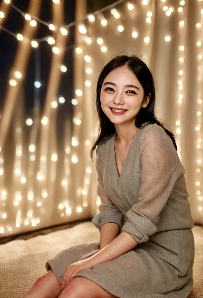(8K, RAW Photos, Highest quality, masterpiece:1.2), (Realistic, photo-Realistic:1.37), Super detailed, Age 35,1 female,round face,cute, alone,Talking,night,Sitting,Date,(smile:1.1),(Reduce skin exposure)