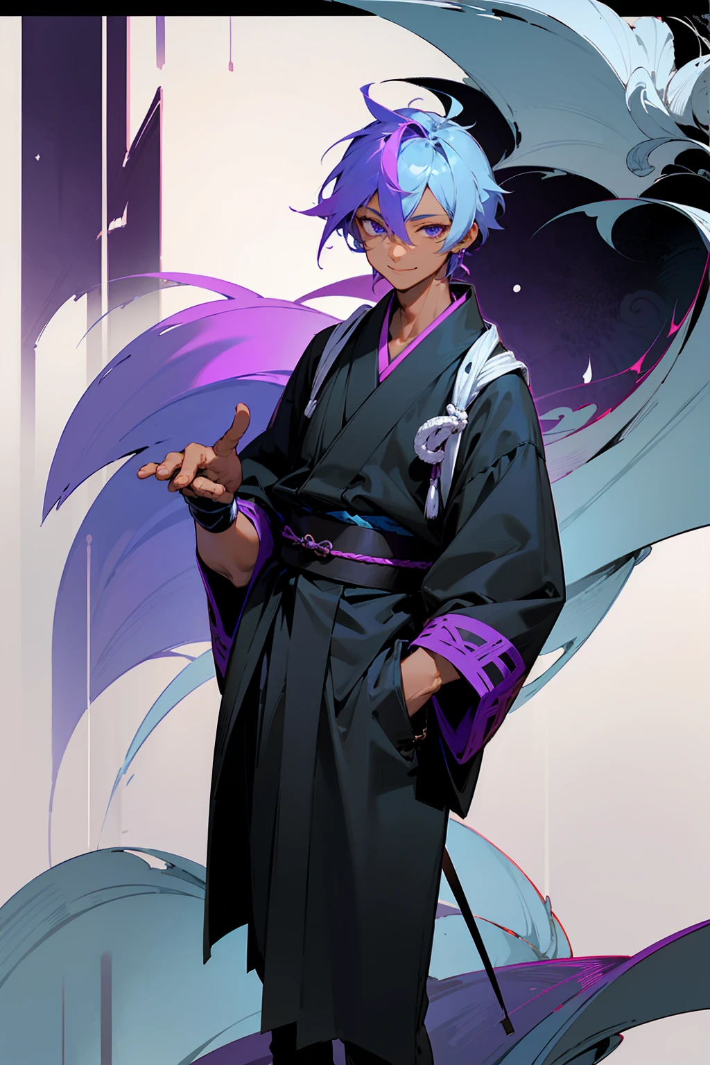 1male, tan skin, teenager, blind eyes, light blue hair, dark purple hair, half blue half purple hair,, smiling expression, open black and white ukata, old japanese background, , detailed background, detailed face, standing on path, hand to side