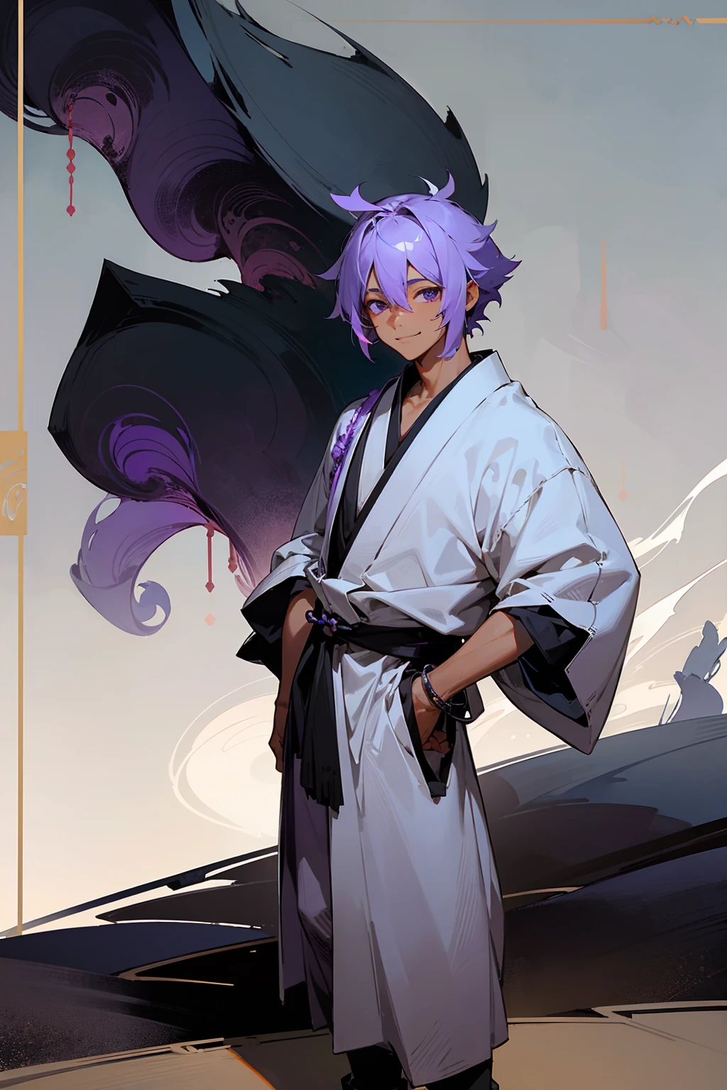 1male, tan skin, teenager, blind eyes, light blue hair, dark purple hair, half blue half purple hair,, smiling expression, open black and white ukata, old japanese background, , detailed background, detailed face, standing on path, hand to side