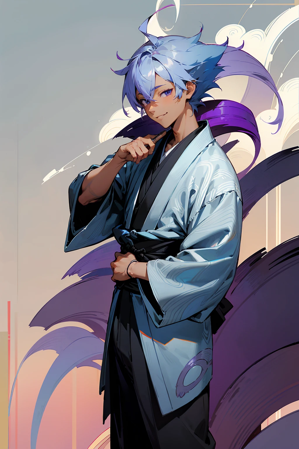 1male, tan skin, teenager, blind eyes, light blue hair, dark purple hair, half blue half purple hair,, smiling expression, open black and white ukata, old japanese background, , detailed background, detailed face, standing on path, hand to side