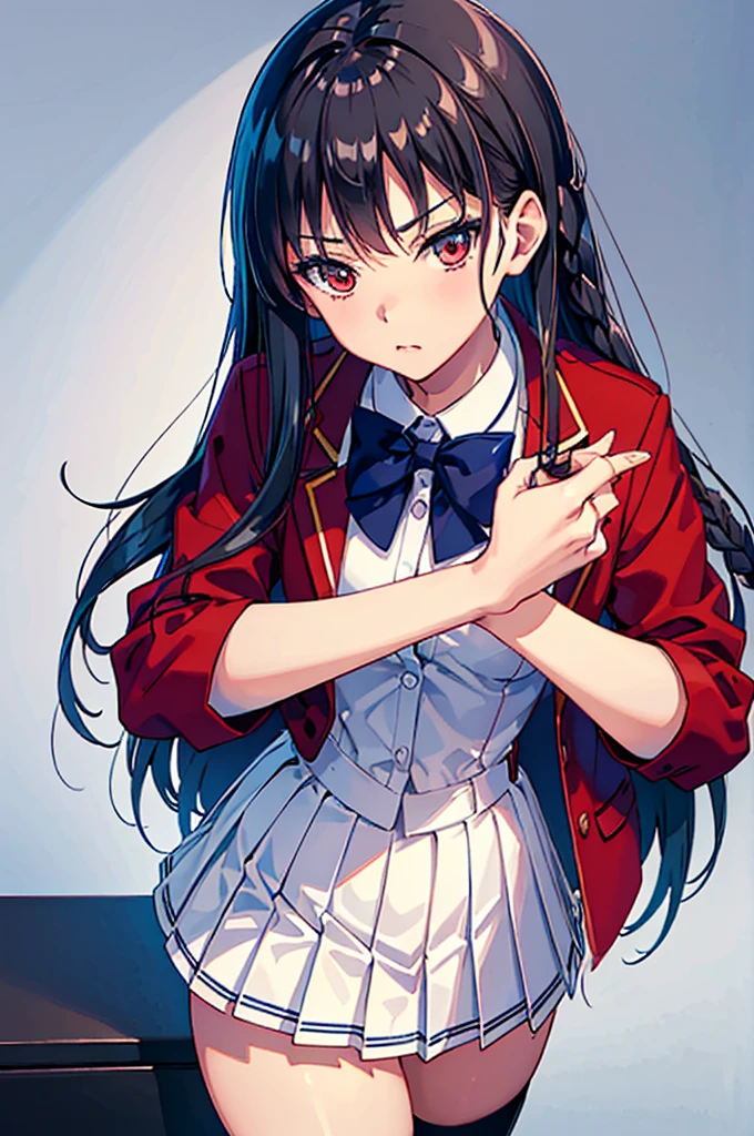 masterpiece, best quality, high resolution, best illustration, super fine illustration, (official art:0.8), anime screencap, detailed beautiful face and eyes, anime keyvisual, (perfect anatomy:1.5), 8k portrait, (detail focus fingers:1.2),
1girl,
Suzune Horikita,
Suzune Horikita \(youjitsu\),
long hair, braid,
black hair,
(red eyes:1.2), slant eyes, small eyes,
blue bow,
medium breasts,
(uniform, red jacket, white skirt, pleated skirt, black thigh-high socks),
looking at viewer,
cowboy shot,
perfect light,