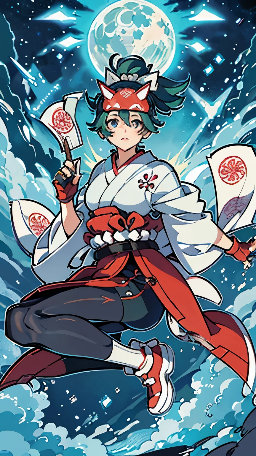 Highest quality、Beauty、Holding a kunai、Perfect Face、Perfect Lips、Perfect body、kimono、There is a full moon in the night sky、Eyes glowing blue