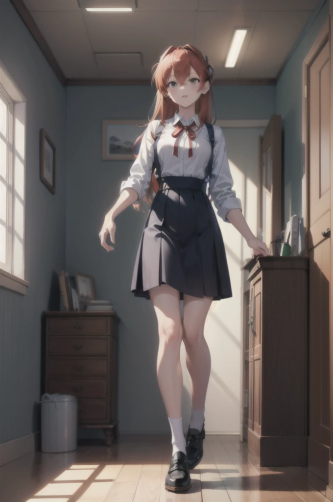 (masterpiece:1.2),Highest quality,High resolution,unity 8k wallpaper,(figure:0.8),(Beautiful attention to detail:1.6),Highly detailed face,Perfect lighting,Highly detailed CG,(Perfect hands, Perfect Anatomy),One girl,alone,View your viewers,indoor, window, blue sky, corridor, Soryu Asuka Langley, Interface Headset,light Redhead,long Redhead,Hair between the eyes,Redhead,blue suspender skirt,Red ribbon, White shirt,, shoes下, shoes,(Natural pose:1),