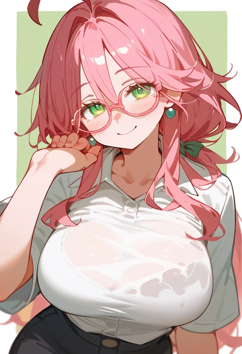 One Woman、private teacher、Big Breasts、Pink Hair、Long Hair、Ahoge、Kind older sister、Pink Glasses、Green Eyes、smile、Droopy eyes、Mature