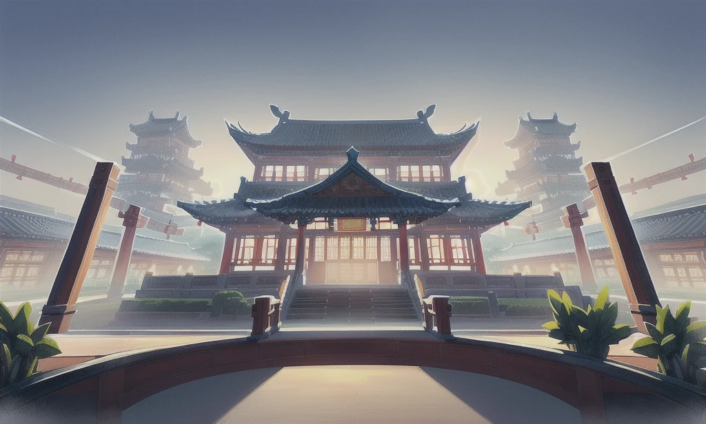  Traditional Chinese architecture"， Historical palace exterior，Overcast sky，Ghibli style，

