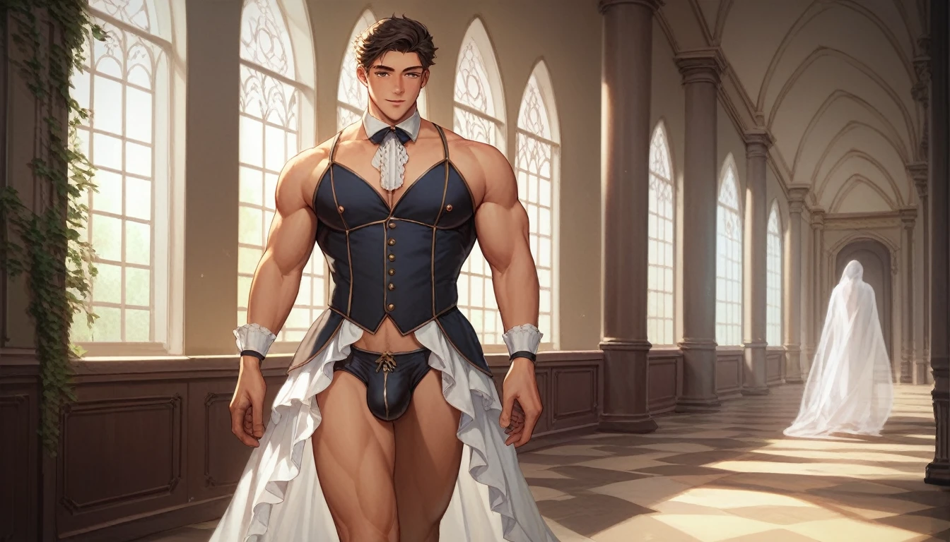 Best quality, masterpiece, intricate details, transparent ghost of muscular man, wearing victorian era clothes, bulge, walking down haunted hallway, gay, homoerotic, best view, manga art style, perfect fingers, no watermark, no logo, no signature