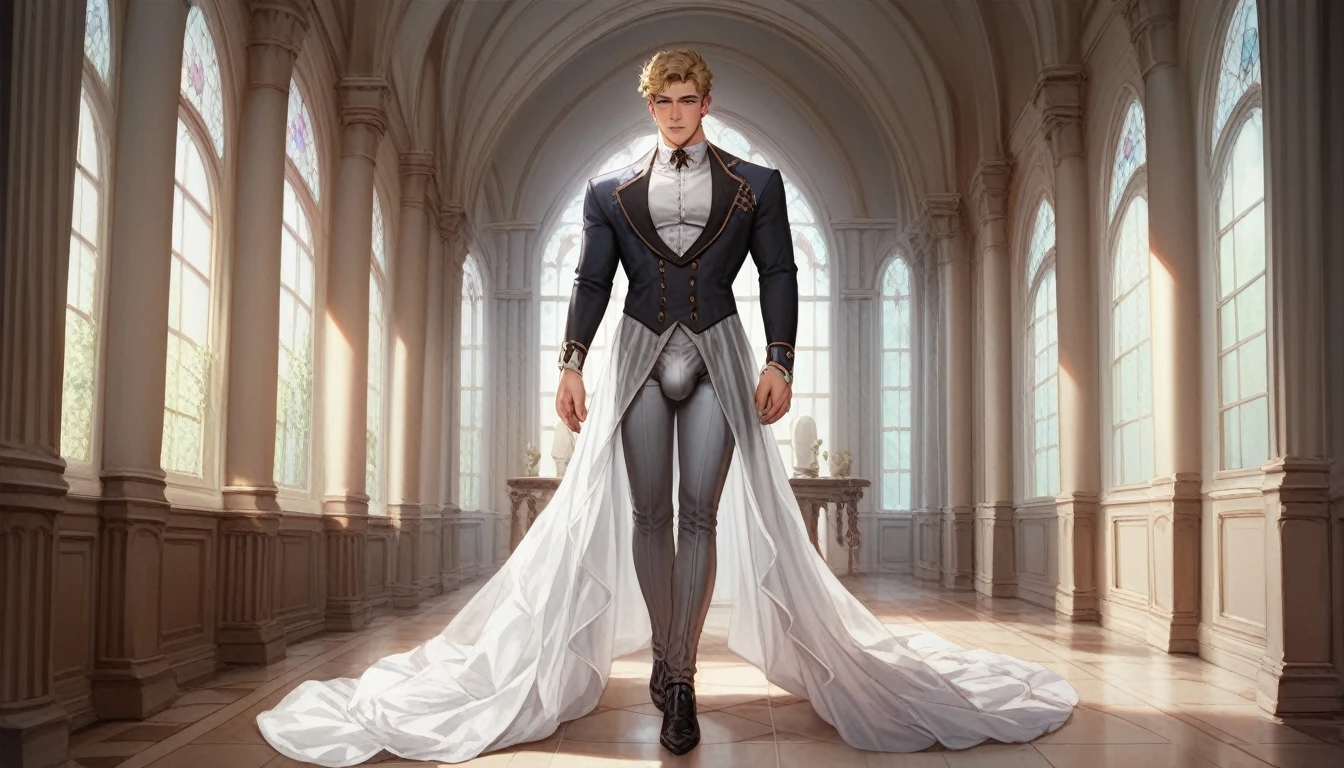 Best quality, masterpiece, intricate details, transparent ghost of muscular man, wearing victorian era clothes, bulge, walking down haunted hallway, gay, homoerotic, best view, manga art style, perfect fingers, no watermark, no logo, no signature