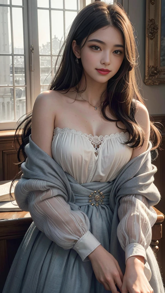 (RAW photos, best quality),(A girl with a literary atmosphere),Extremely refined, Astonishing, Fine details, masterpiece, Extremely detailed,high resolution,Long hair,Messy hair,(Soft lighting:1.4),(Smile)，bay