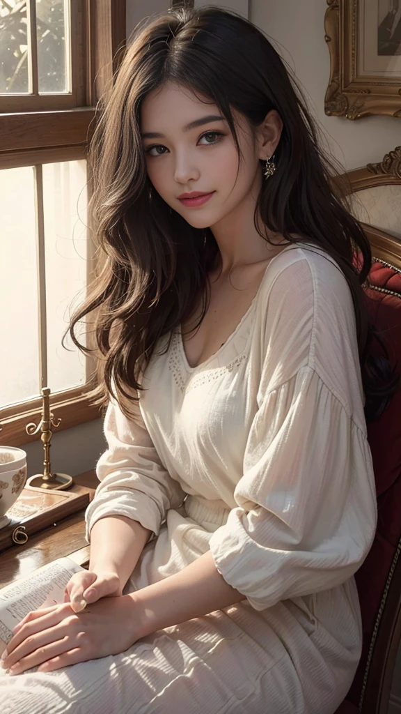 (RAW photos, best quality),(A girl with a literary atmosphere),Extremely refined, Astonishing, Fine details, masterpiece, Extremely detailed,high resolution,Long hair,Messy hair,(Soft lighting:1.4),(Smile),bay