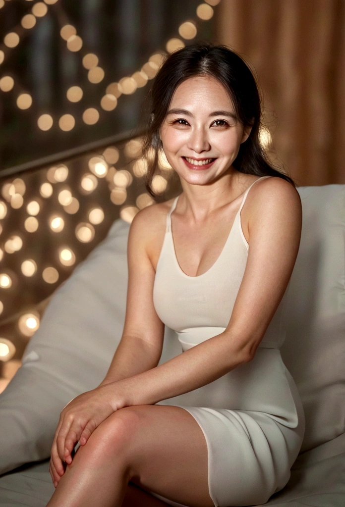 (8K, RAW Photos, Highest quality, masterpiece:1.2), (Realistic, photo-Realistic:1.37), Super detailed, 40 years old,1 female,round face,cute, alone,Talking,night,Sitting,Date,(smile:1.1),(Reduce skin exposure)
