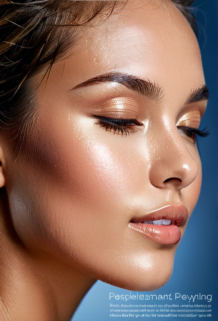 A beauty promotional photograph featuring the profile of a woman with naturally glowing skin and closed eyes. The image is captured from a profile view, showing half of the face and highlighting the facial structure. The close-up shot focuses on the details of the skin and texture. The composition includes informative text overlaying the face, detailing steps for achieving naturally glowing skin. The background is a solid blue, allowing the face and text to stand out clearly. The image uses a warm and natural filter to enhance the skin tones, with soft natural lighting accentuating the skin's texture and providing a healthy glow.