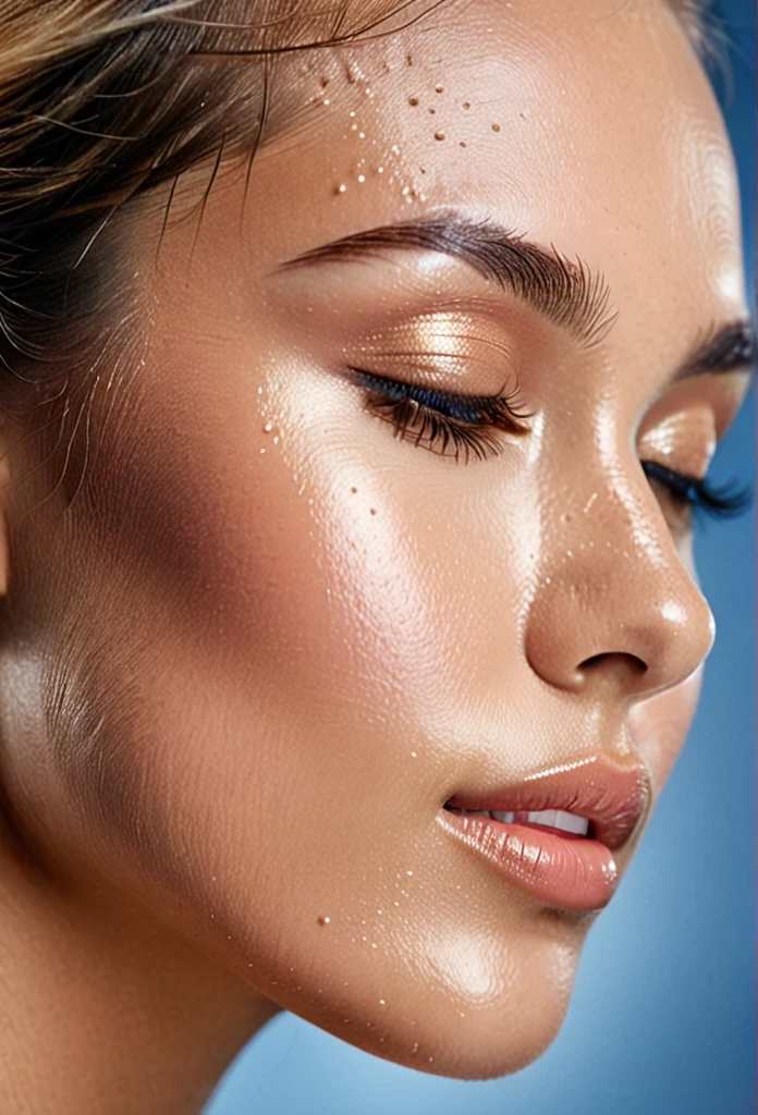 A beauty promotional photograph featuring the profile of a woman with naturally glowing skin and closed eyes. The image is captured from a profile view, showing half of the face and highlighting the facial structure. The close-up shot focuses on the details of the skin and texture. The composition includes informative text overlaying the face, detailing steps for achieving naturally glowing skin. The background is a solid blue, allowing the face and text to stand out clearly. The image uses a warm and natural filter to enhance the skin tones, with soft natural lighting accentuating the skin's texture and providing a healthy glow.