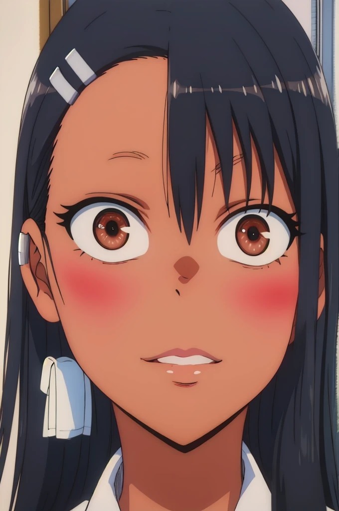 a masterpiece, best quality, 8k, highres, highly detailed, photorealistic, hyper detailed, looking at viewer, nagatoro hayase, detailed beautiful eyes, detailed beautiful lips, extremely detailed face, long eyelashes, brown eyes, hairpin, dark skin, black hair, hair ornament, ribbon, intricate details, vibrant colors, soft lighting