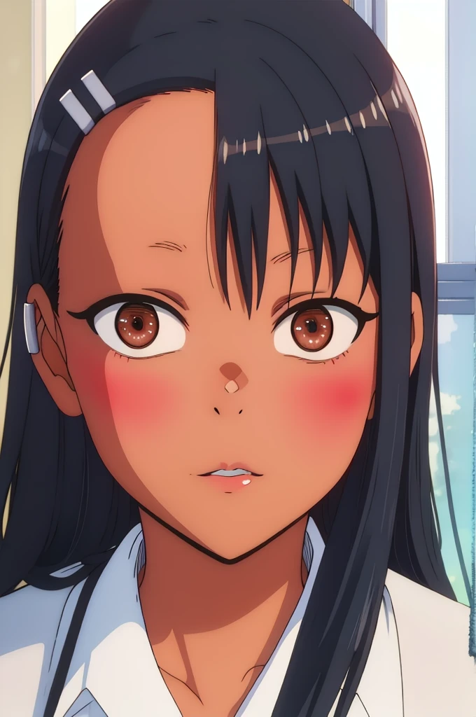a masterpiece, best quality, 8k, highres, highly detailed, photorealistic, hyper detailed, looking at viewer, nagatoro hayase, detailed beautiful eyes, detailed beautiful lips, extremely detailed face, long eyelashes, brown eyes, hairpin, dark skin, black hair, hair ornament, ribbon, intricate details, vibrant colors, soft lighting