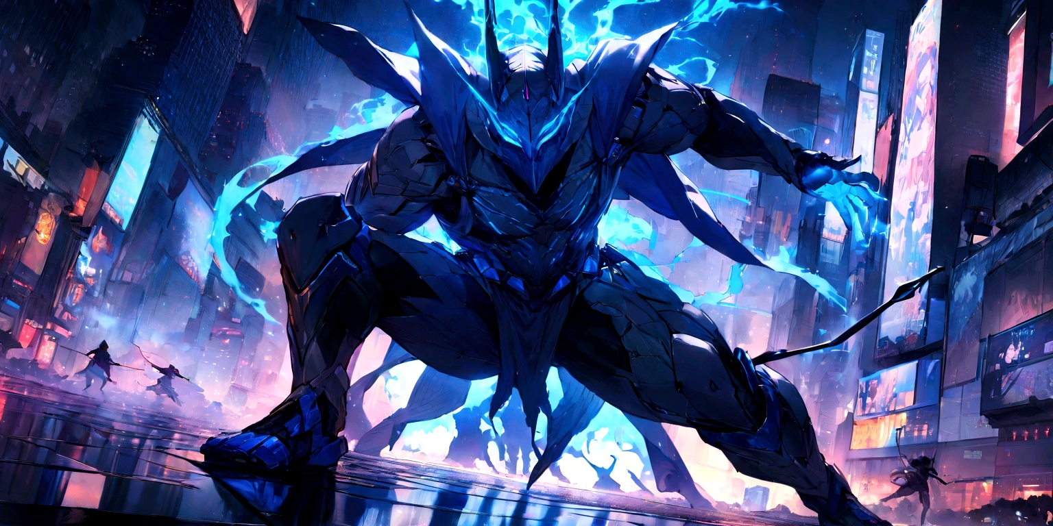 ((masterpiece, Highest quality, Best image quality, High resolution)) A giant masked hunter demon holding a bow and arrow、He holds a bow and arrow of blue light in a dynamic stance.、The whole body is covered in a blue aura.、Glowing blue eyes and advanced cybernetic enhancements. Giant masked demon seen in dynamic action pose, neon, reflection on a smooth surface. The cityscape below is filled with towering skyscrapers., illuminated by colorful holographic advertisements, Shining with blue energy, Mighty power. The overall atmosphere is dark and mysterious., It had a futuristic techno vibe.. The lighting is dramatic, Intense highlights and deep shadows, Creates depth and tension. Color Palette