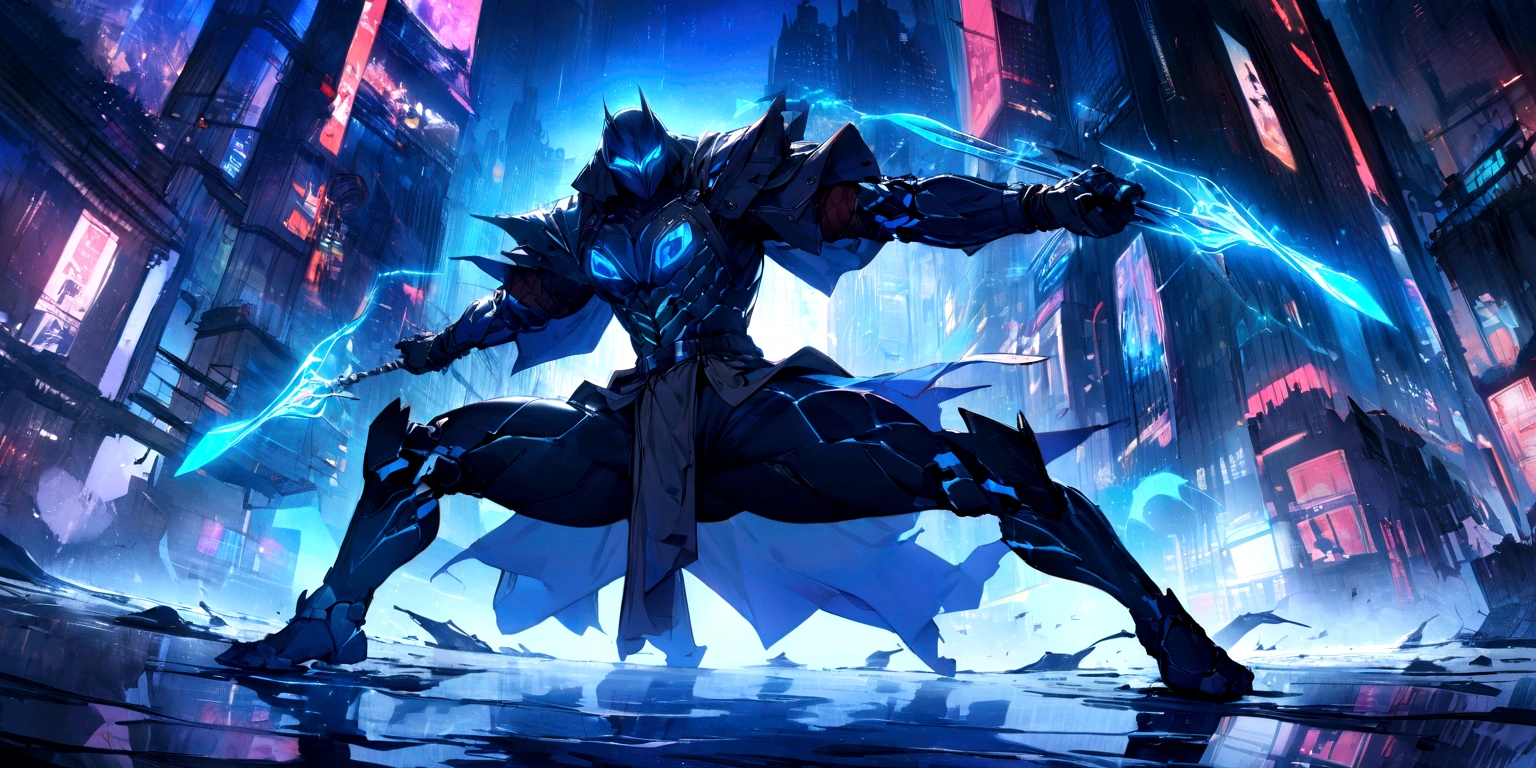 ((masterpiece, Highest quality, Best image quality, High resolution)) A giant masked hunter demon holding a bow and arrow、He holds a bow and arrow of blue light in a dynamic stance.、The whole body is covered in a blue aura.、Glowing blue eyes and advanced cybernetic enhancements. Giant masked demon seen in dynamic action pose, neon, reflection on a smooth surface. The cityscape below is filled with towering skyscrapers., illuminated by colorful holographic advertisements, Shining with blue energy, Mighty power. The overall atmosphere is dark and mysterious., It had a futuristic techno vibe.. The lighting is dramatic, Intense highlights and deep shadows, Creates depth and tension. Color Palette