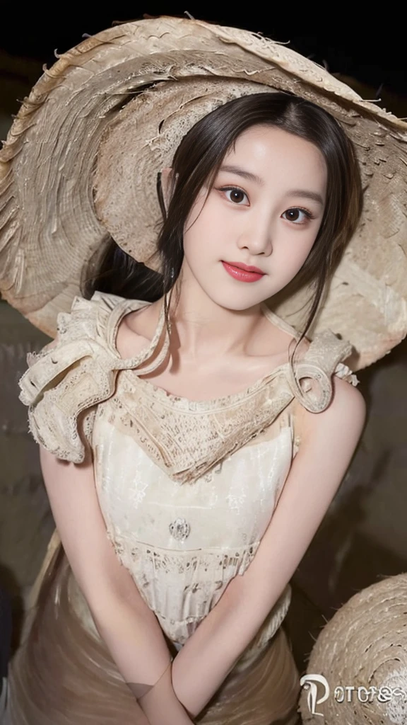 ((best quality, 8K, masterpiece: 1.3)), (straw hat: 1.3), focus: 1.2, perfect body beautiful: 1.4, buttocks: 1.2, (layered hairstyle: 1.2), (dark street: 1.3), Highly detailed facial and skin textures, whole body, narrow eyes, double eyelids, skin whitens, long hair, (round face: 1.5), (Chestless dress: 1.6). Smile by the sea
