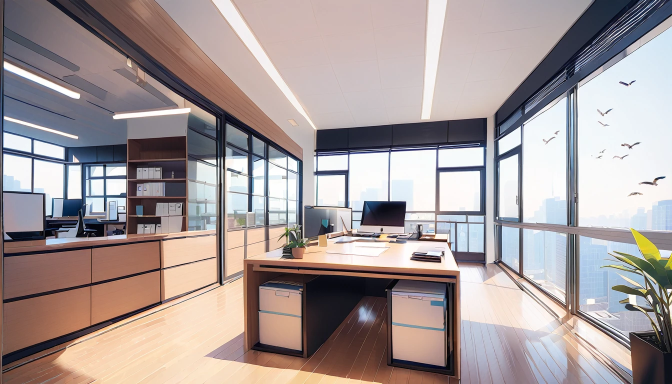 office,总裁的office,Floor-to-ceiling windows,Bird's-eye view scene,明亮的office,Night view outside the window