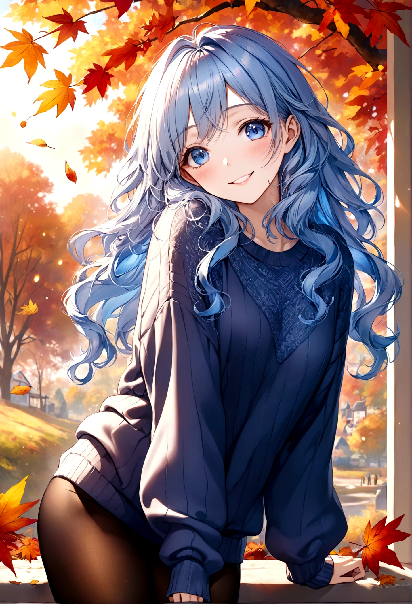 ((top-quality)), ((​masterpiece)), ((ultra-detailliert)), (extremely delicate and beautiful), beautiful woman, bright light blue hair, long wavy hair, sapphire blue eyes, cozy sweater, sheer black pantyhose, sweet smile, relaxed expression, fair complexion, autumn background