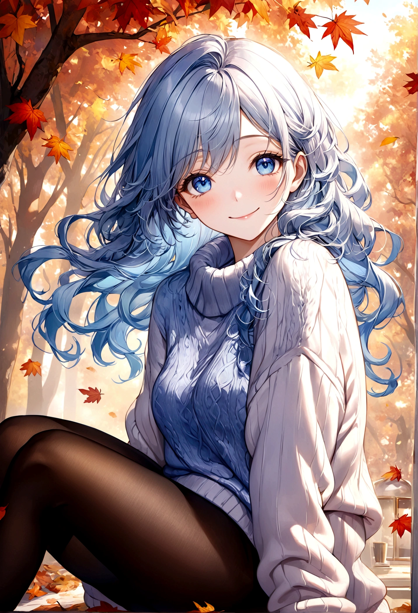 ((top-quality)), ((masterpiece)), ((ultra-detailliert)), (extremely delicate and beautiful), beautiful woman, bright light blue hair, long wavy hair, sapphire blue eyes, cozy sweater, sheer black pantyhose, sweet smile, relaxed expression, fair complexion, autumn background