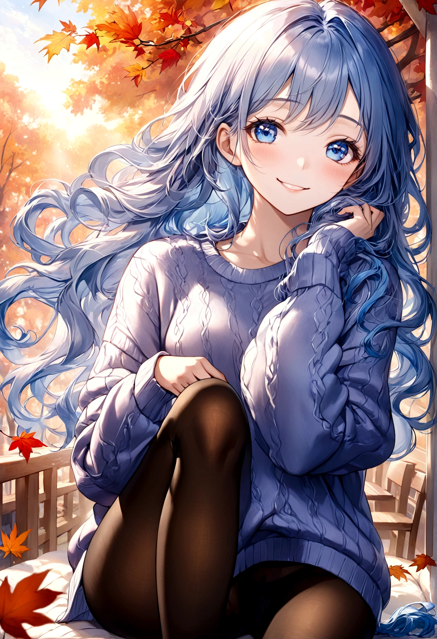 ((top-quality)), ((masterpiece)), ((ultra-detailliert)), (extremely delicate and beautiful), beautiful woman, bright light blue hair, long wavy hair, sapphire blue eyes, cozy sweater, sheer black pantyhose, sweet smile, relaxed expression, fair complexion, autumn background
