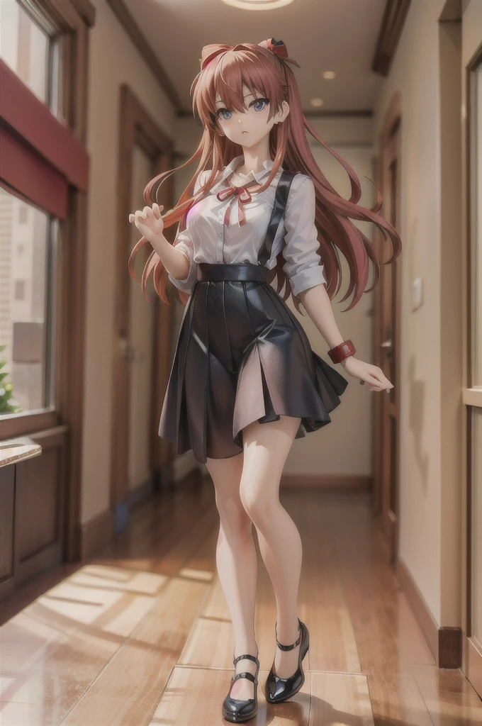 (masterpiece:1.2),Highest quality,High resolution,unity 8k wallpaper,(figure:0.8),(Beautiful attention to detail:1.6),Highly detailed face,Perfect lighting,Highly detailed CG,(Perfect hands, Perfect Anatomy),One girl,alone,View your viewers,indoor, window, blue sky, corridor, Soryu Asuka Langley, Interface Headset,light Redhead,long Redhead,Hair between the eyes,Redhead,blue suspender skirt,Red ribbon, White shirt,, shoes下, shoes,(Natural pose:1),