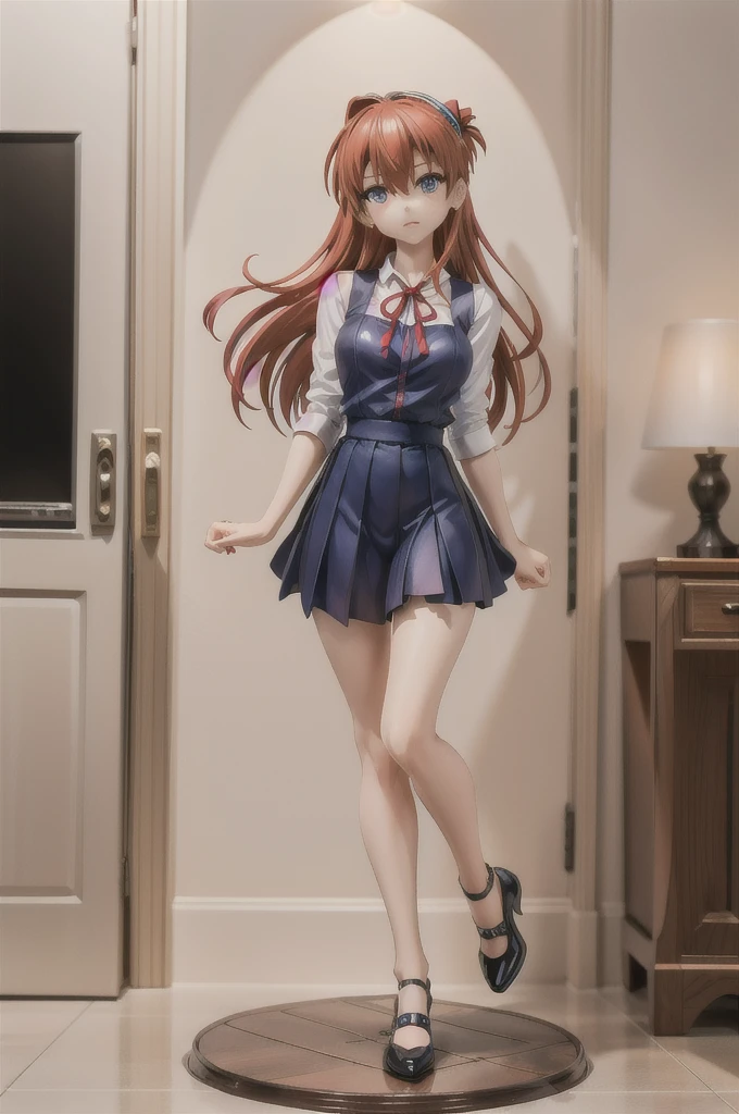 (masterpiece:1.2),Highest quality,High resolution,unity 8k wallpaper,(figure:0.8),(Beautiful attention to detail:1.6),Highly detailed face,Perfect lighting,Highly detailed CG,(Perfect hands, Perfect Anatomy),One girl,alone,View your viewers,indoor, window, blue sky, corridor, Soryu Asuka Langley, Interface Headset,light Redhead,long Redhead,Hair between the eyes,Redhead,blue suspender skirt,Red ribbon, White shirt,, shoes下, shoes,(Natural pose:1),