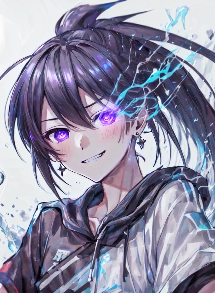 (pgr style, in the style of punishing gray raven, detailed face, incredibly absurdres, smooth, 8k wallapaper, masterpiece, white background, hyper extreme detailed:1.2), (close up shot, portrait:1.1), (purple eyes:1.1), tsurime, (half closed eyes:0.66), dynamic pose, dynamic image, dutch angle, 1girl, solo, earrings, black hair, ponytail, flaming eyes, thundermagic , excessive energy , charged aura, destruction , (red flood spell:1.4) ,red whirlpool,red waves, (smirk, smile:1.2), casual clothes, t-shirt, aurora borealis, reverse rain, water falling upwards, inverse gravity, geometric