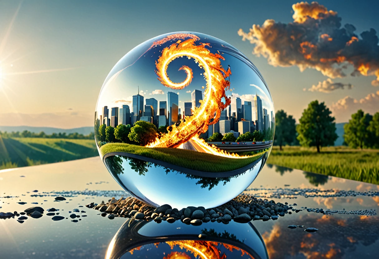 Photo hyperdetailed 3d realistic , with lush nature, Mobius ribbon built with film cliché and burning highway. The cliché is on fire.  Add a city on mobius ribbon made of glass and stone. Add cinematic hyperrealism to 3d objects. Integrate the ribbon with the ground and the sky. . Image is enclosed in a glass sphere. The glass sphere hangs as a lamp in the room of God. Add fire on the earth. Mirror reflection. Illusion. Paint fragments of evolution and transformation of the world on film. Dynamic photo. Evolution from prehistory.  Create Macro details. Spectacular. Add infinity at the bottom of the image.