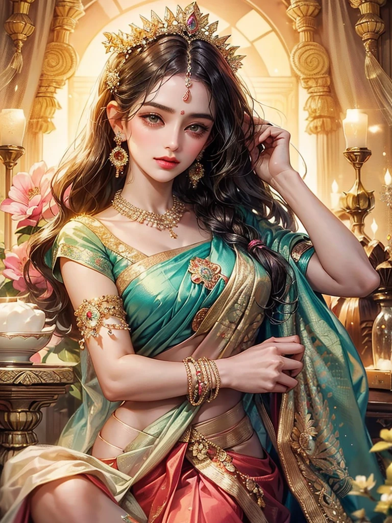 Goddess, very beautiful, animated style, closeup shot, anime in a (((combination indian traditional saree))) (((saree))) (((blouse))), long black wavy hair untied, head jewellery, head clips, head chains, head tiara, necklace, long and beautiful earings, armlets, bangles and bracelets, rings, pleasant expression, bright big black eyes, holding a flower, natural beauty, vibrant colors, dreamy, northern light, pink bubble, romantic, soft lighting, vintage aesthetic