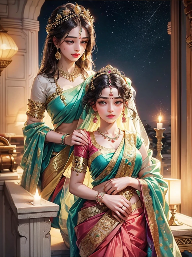 Goddess, very beautiful, animated style, closeup shot, anime in a (((combination indian traditional saree))) (((saree))) (((blouse))), long black wavy hair untied, head jewellery, head clips, head chains, head tiara, necklace, long and beautiful earings, armlets, bangles and bracelets, rings, pleasant expression, bright big black eyes, holding a flower, natural beauty, vibrant colors, dreamy, northern light, pink bubble, romantic, soft lighting, vintage aesthetic