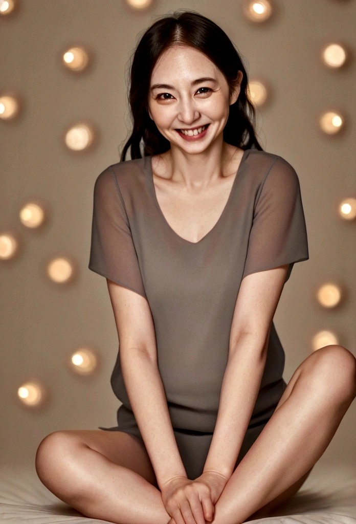 (8K, RAW Photos, Highest quality, masterpiece:1.2), (Realistic, photo-Realistic:1.37), Super detailed, 40 years old,1 female,round face,cute, alone,Talking,night,Sitting,Date,(smile:1.1),(Reduce skin exposure),Slender