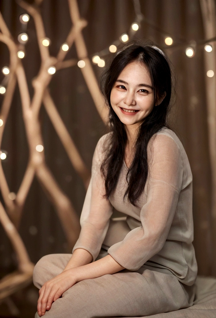 (8K, RAW Photos, Highest quality, masterpiece:1.2), (Realistic, photo-Realistic:1.37), Super detailed, 40 years old,1 female,round face,cute, alone,Talking,night,Sitting,Date,(smile:1.1),(Reduce skin exposure),Slender