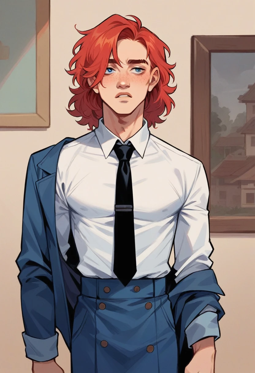 A red-haired girl with straight hair type and has a lock of white hair, He is arrogant but has a tender air and his age is around 22 years old., Her eyes are blue and she has freckles on her face but more so on her nose., She is dressed in her which consists of a navy blue skirt., a navy blue jacket, White shirt, black tie , her lips are painted a reddish color, and is in the hallways of a house Digital image of book character