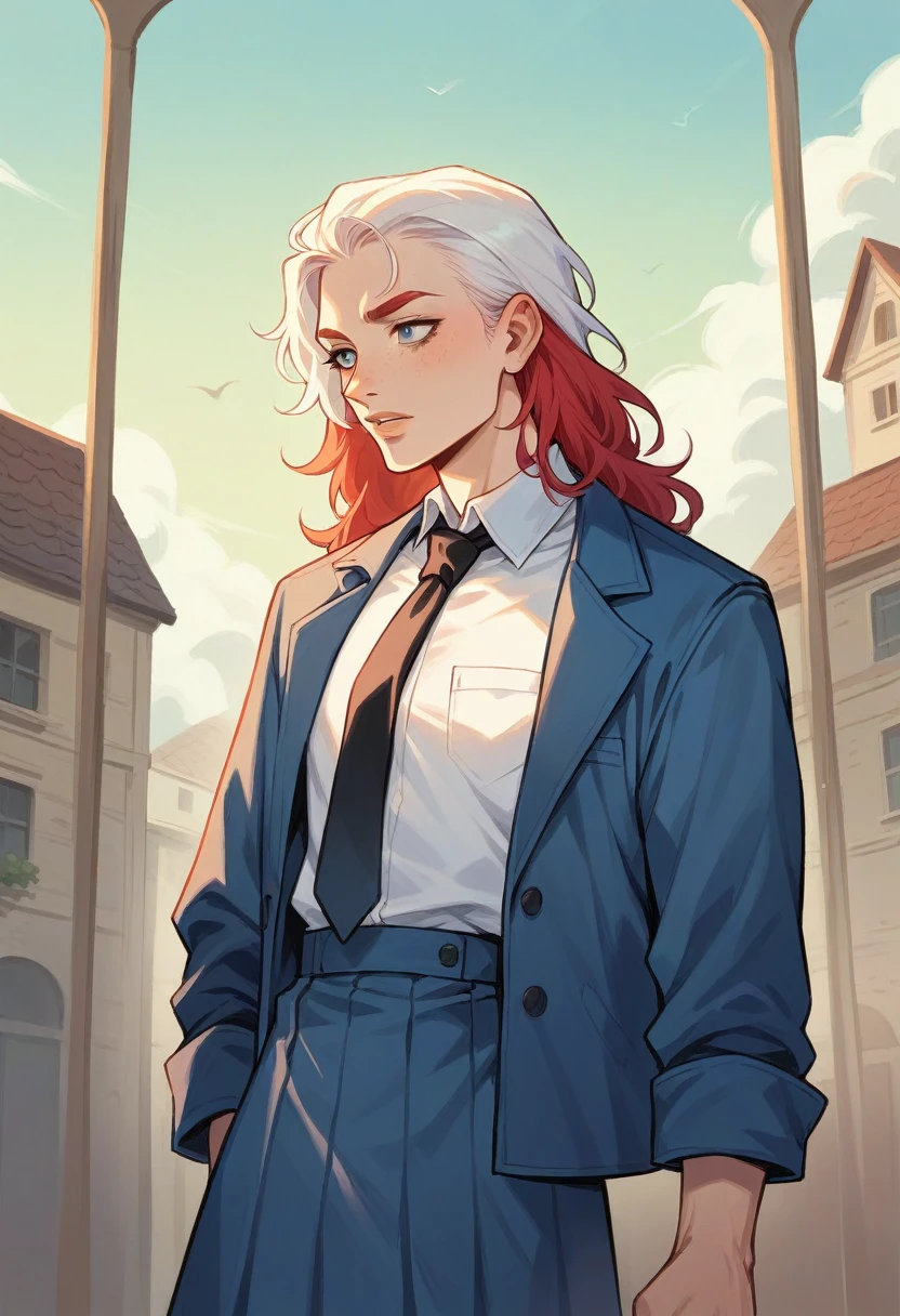A red-haired girl with straight hair type and has a lock of white hair, He is arrogant but has a tender air and his age is around 22 years old., Her eyes are blue and she has freckles on her face but more so on her nose., She is dressed in her  which consists of a navy blue skirt., a navy blue jacket, White shirt, black tie , her lips are painted a reddish color, and is in the hallways of a house Digital image of book character