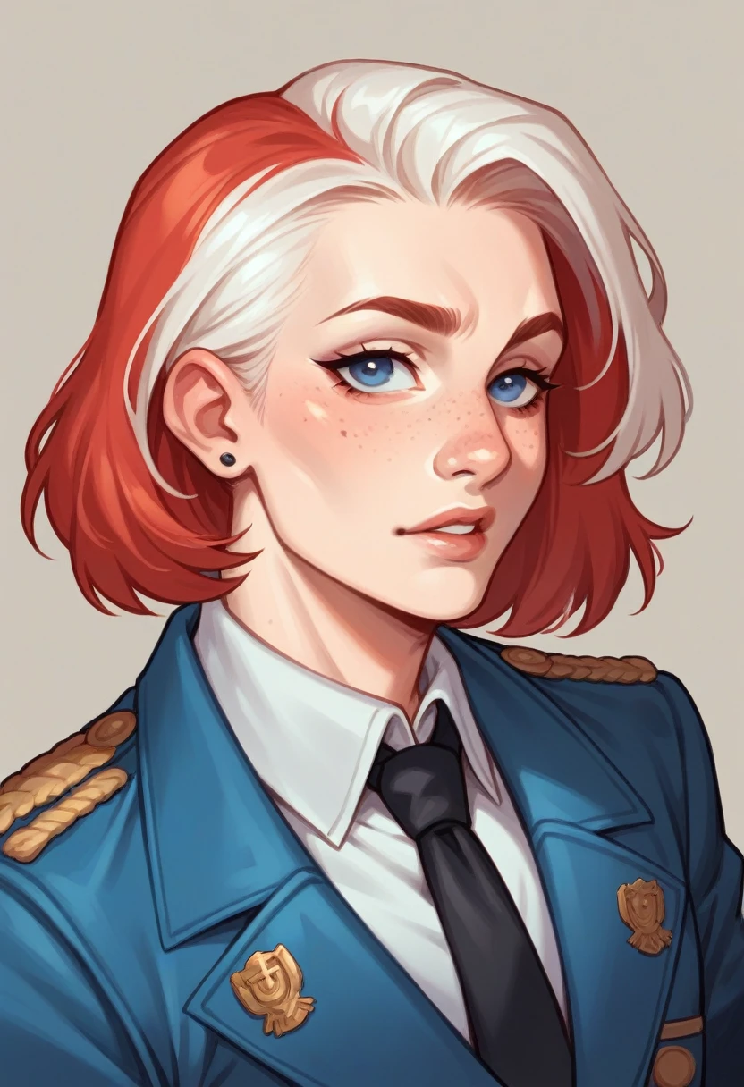 A red-haired girl with straight hair type and has a lock of white hair, He is arrogant but has a tender air and his age is around 22 years old., Her eyes are blue and she has freckles on her face but more so on her nose., She is dressed in her  which consists of a navy blue skirt., a navy blue jacket, White shirt, black tie , her lips are painted a reddish color, and is in the hallways of a house Digital image of book character