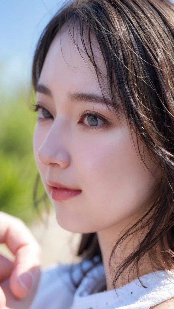(((Ultra-high resolution、Close-up、Cute Japanese Woman)))、Long, straight black hair frames her face、So that every single hair is clearly visible、Depicts subtle color changes depending on the amount of light hitting the subject、The skin is white and smooth、Has a natural glow、Fine skin texture、Representing the fine details of pores、amountや頬に薄い赤みがある部分を詳細に、The eyes are almond-shaped and dark brown.、Fine details of the iris、Depicts color gradations and patterns、Long, natural-looking eyelashes, each and every one visible、Well-groomed eyebrows、indivual々The hair is clearly visible、Light reflects off into the eyes、Create small highlights、noseは繊細で、nose孔の細かいディテールがある、Lips are plump and naturally pink、Depicts the fine lines and soft curves of the lips、Shiny、Accentuate the shape、Detailed depiction of lip texture、Particular attention to the depiction of light and shadow、Soft natural light gently illuminates the face from the front、amount、nose、Creates a subtle glow on the cheeks、Shadows are cast softly along the contours of the face、cheekbone、Jaw Curve、noseの側面を強調、The gloss of her lips reflects the light faintly.、Emphasizes plump texture、The shadow of the hair adds depth and dimension.、indivual々The hair shines in the light、The background is simple and blurred.、Focus on the face、In the highest quality、Representing the utmost detail