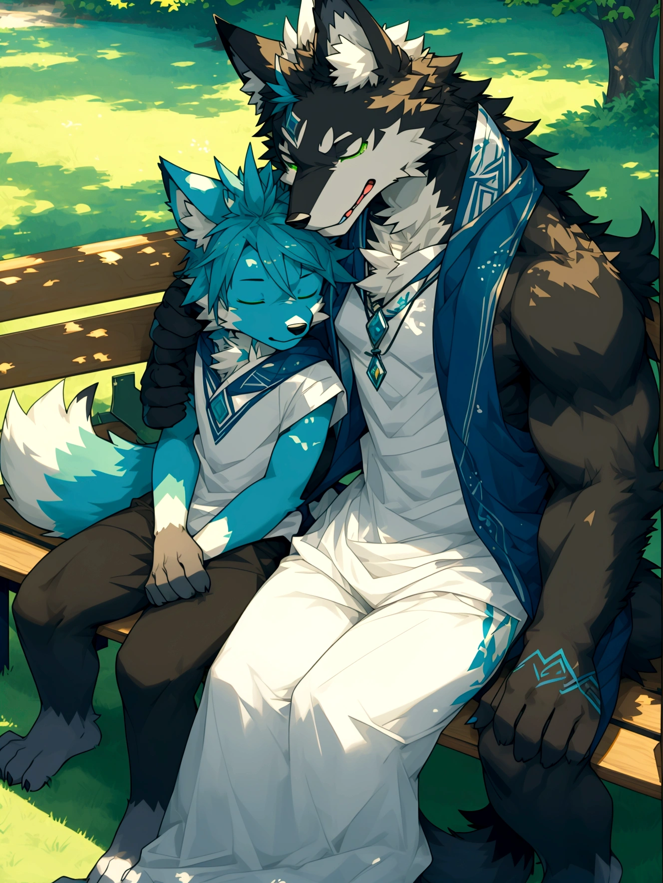 A boy and a boy sIT on the bench at afternoon,summer,sunny,anthro wolf,black fur,white fur,green eyes,blue eyes,wolf tail,sleeping,