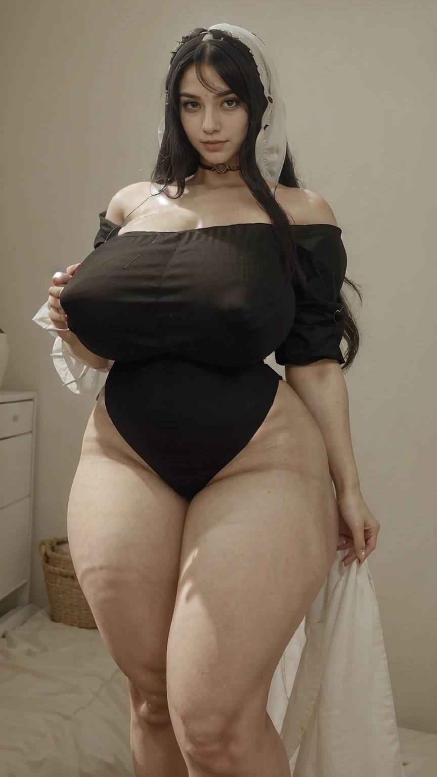 Close-up photo in perfect fitting black frock added white dupatta, big naughty Play woman standing, gorgeous,thin waist,beautiful long black hair,smiling shy face,pinky chick's, half covering brest,beautiful fingers(luxurious decorated bedroom scenary) colorful, cotton hairband 