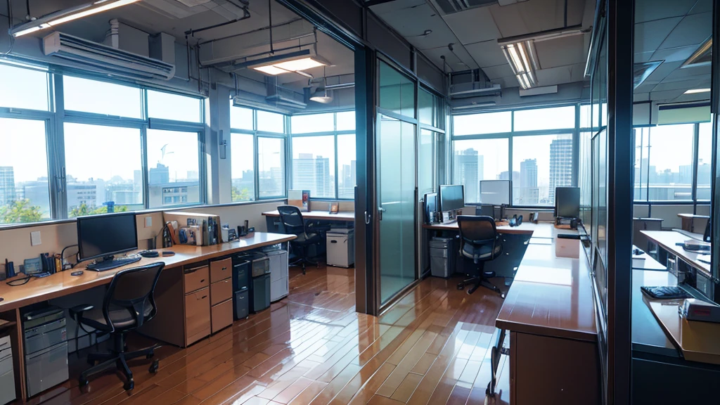 office，总裁的office，Floor-to-ceiling windows，Bird&#39;s-eye view scene，明亮的office，Night view outside the window
