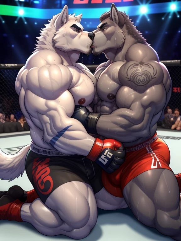 Duo male(Gray Wolf, Gray wolf, handsomes, Thick eyebrows), gay(Lying down, body on back, cuddling embraced from behind, fighting each other, rubbing pecs, kissing each other, Body frottage, face to face, on a UFC match), hot(Shirtless), handsomes(They are handsomes, correct anatomy), musculosos(Big muscle bodies, Six packs, muscle abs, big pecs, muscle backs, muscle legs, some bruises), sweaty(very sweaty wet bodies, shiny sweat), tatuajes(they have tattoos), Angry(Both have an grumpy expression, growling, steaming breath), UFC gloves(They both are wearing red UFC gloves), UFC boxers(They both are wearing boxers), Hight resolution, by(Zourik:1.1)