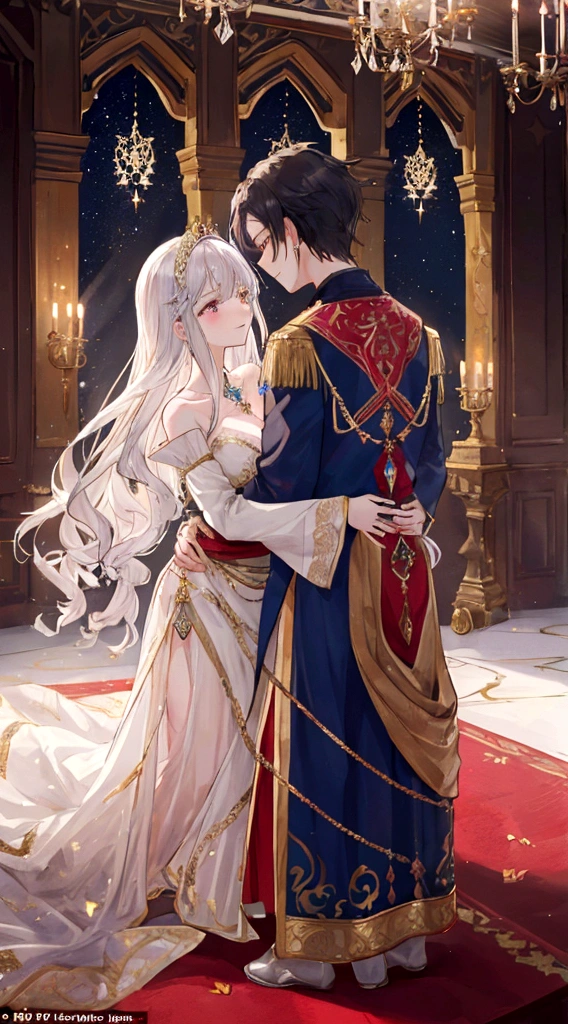 In the grand medieval ballroom, illuminated by the soft glow of flickering torches and adorned with intricate tapestries, a pair of lovers moved gracefully across the polished marble floor. The air was filled with the melodic strains of a minstrel's lute, weaving a tapestry of enchanting notes that seemed to embrace their every step.
He, a gallant knight with chiseled features and eyes as deep as the night sky, donned his finest attire—a velvety tunic adorned with golden threads and a polished suit of armor that gleamed under the gentle light. His gloved hand rested gently on her waist, his touch firm yet tender, as he guided her with practiced ease.
She, a vision of elegance and beauty, wore a gown that cascaded in waves of silk and satin, the color of midnight with accents of silver that shimmered like stardust. Her hair, adorned with delicate jewels and a single blooming rose, framed a face that radiated both innocence and passion. Her eyes locked onto his, sparkling with a mixture of devotion and desire.
As they danced, their steps were perfectly synchronized, a harmonious ballet of movements that spoke of an unspoken connection between their souls. The ballroom seemed to fade away, leaving only the two of them locked in a timeless embrace, swaying to the rhythm of their hearts' desires.
Around them, nobles and courtiers observed in hushed admiration, their whispers blending with the music like a soft breeze through the open windows. The lovers were the center of attention, yet in their shared world, they were the only ones that truly existed.
With each twirl and dip, their laughter mingled with the melody, a symphony of joy that echoed through the opulent chamber. Their love was a story written in every step, every glance, every touch—a story that transcended the constraints of time and place, a story that would be told for generations to come.