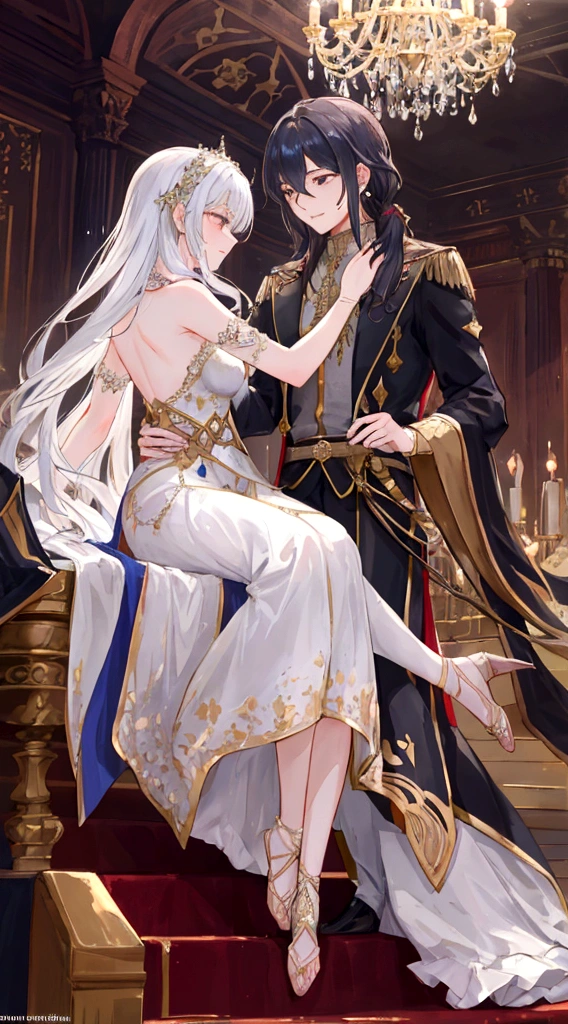 In the grand medieval ballroom, illuminated by the soft glow of flickering torches and adorned with intricate tapestries, a pair of lovers moved gracefully across the polished marble floor. The air was filled with the melodic strains of a minstrel's lute, weaving a tapestry of enchanting notes that seemed to embrace their every step.
He, a gallant knight with chiseled features and eyes as deep as the night sky, donned his finest attire—a velvety tunic adorned with golden threads and a polished suit of armor that gleamed under the gentle light. His gloved hand rested gently on her waist, his touch firm yet tender, as he guided her with practiced ease.
She, a vision of elegance and beauty, wore a gown that cascaded in waves of silk and satin, the color of midnight with accents of silver that shimmered like stardust. Her hair, adorned with delicate jewels and a single blooming rose, framed a face that radiated both innocence and passion. Her eyes locked onto his, sparkling with a mixture of devotion and desire.
As they danced, their steps were perfectly synchronized, a harmonious ballet of movements that spoke of an unspoken connection between their souls. The ballroom seemed to fade away, leaving only the two of them locked in a timeless embrace, swaying to the rhythm of their hearts' desires.
Around them, nobles and courtiers observed in hushed admiration, their whispers blending with the music like a soft breeze through the open windows. The lovers were the center of attention, yet in their shared world, they were the only ones that truly existed.
With each twirl and dip, their laughter mingled with the melody, a symphony of joy that echoed through the opulent chamber. Their love was a story written in every step, every glance, every touch—a story that transcended the constraints of time and place, a story that would be told for generations to come.