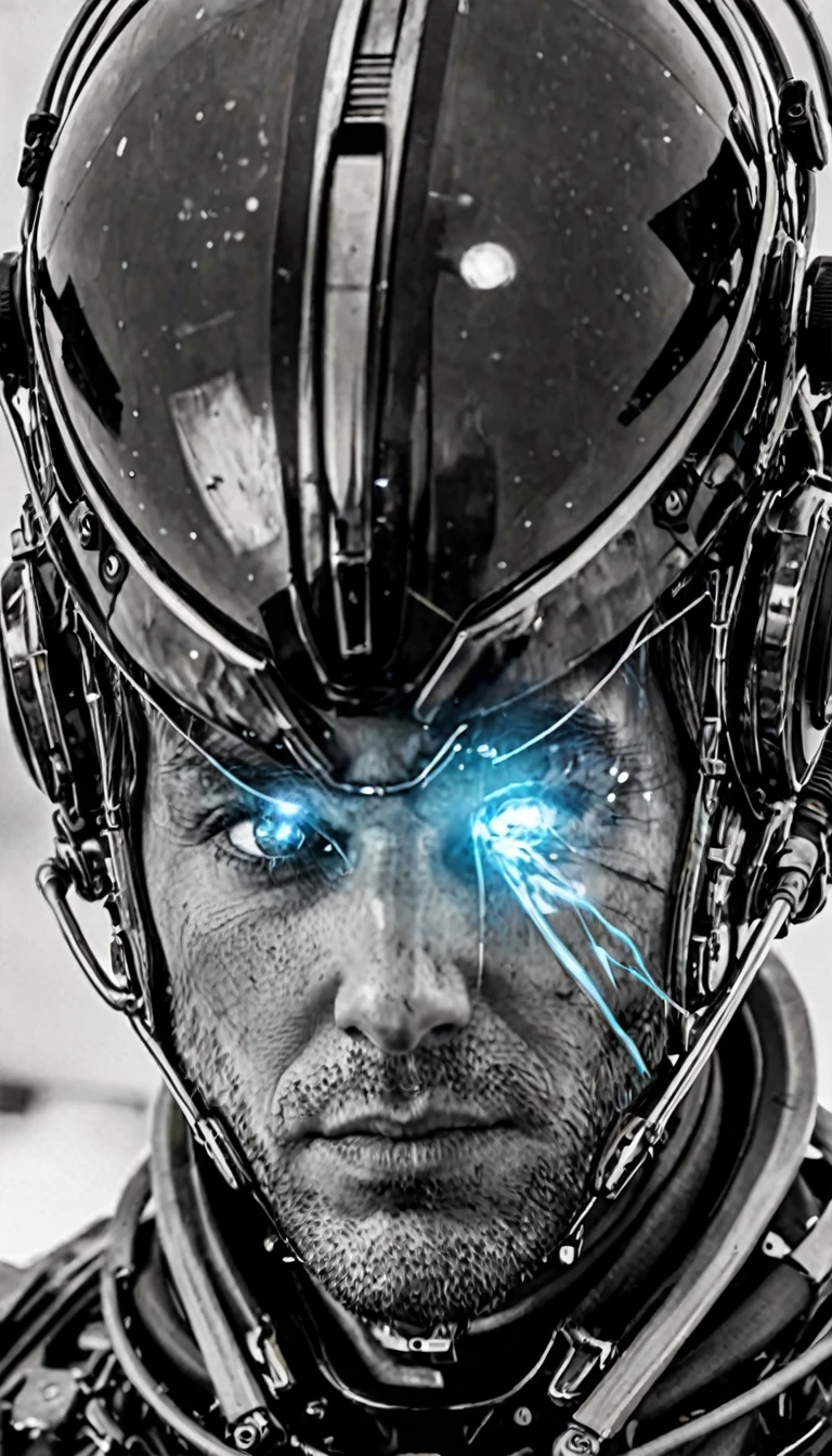 photograph, space, male , 40 years old, Wear a chaperone, Mechanical body parts, Interplanetary magnetic field background, Ultrafine, sf, Double exposure, Sony a7, Depth of writing area: 100mm, colorless, Styled by artgerm, Greg Rutkowski and Alfons Mutch, Close-up of face, male, Edgy, Nice, Evil Aura, the wind is strong, Glowing Eyes, Glaring,